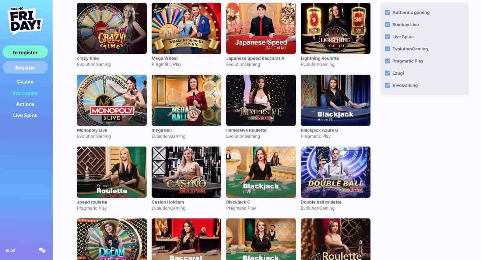 Vorschau der Live-Casino Lobby vom CasinoFriday