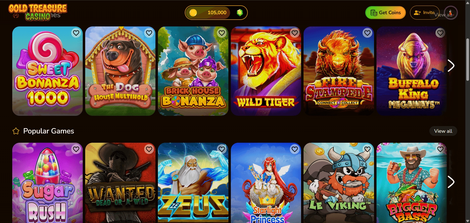 Capture d’écran de l’interface du casino Lucky Treasure montrant des machines à sous
