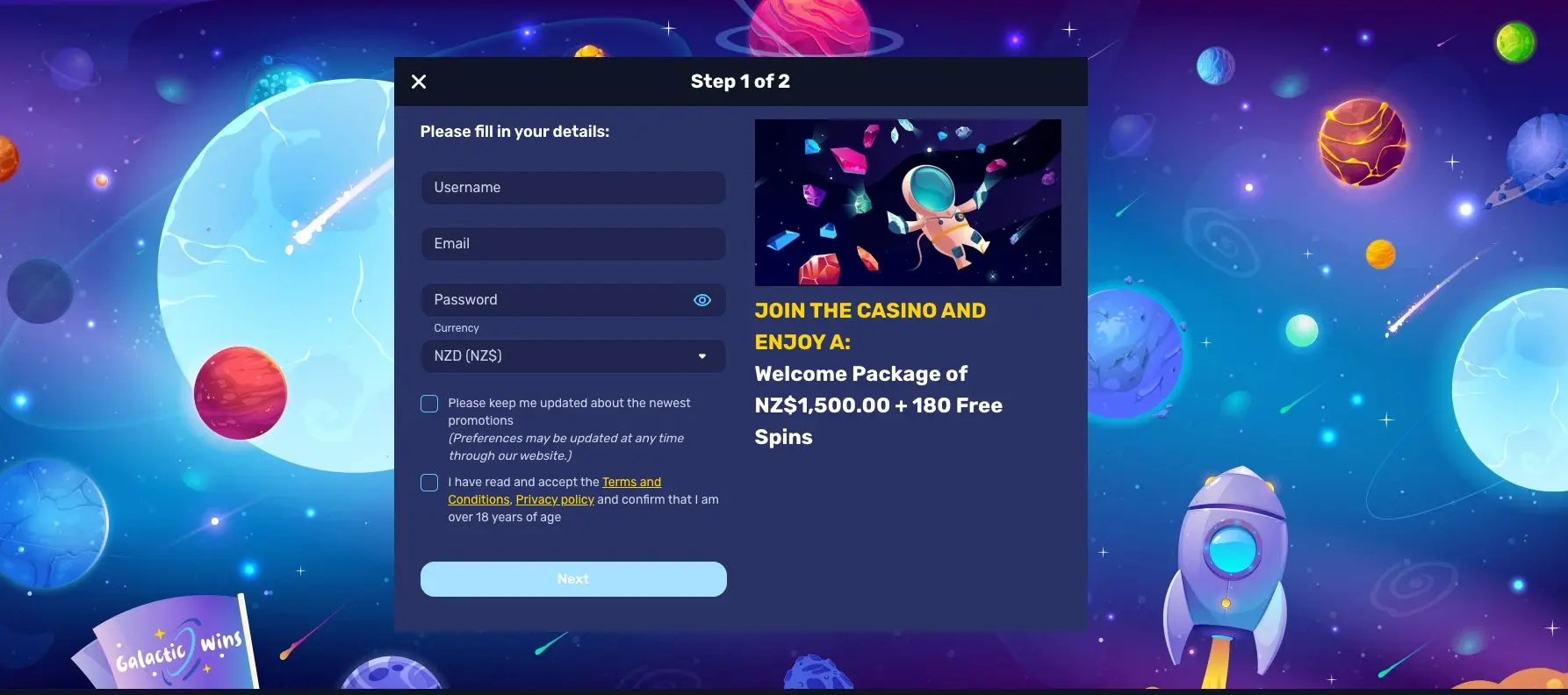Galactic Wins Casino Interface