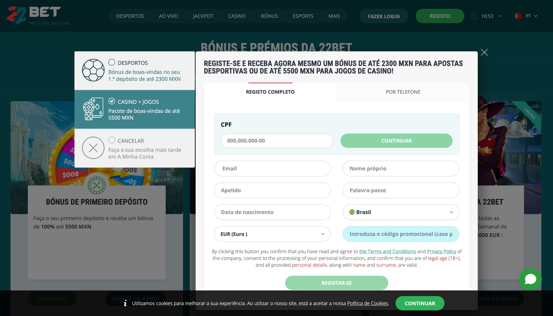 22bet Sign up PT ROW