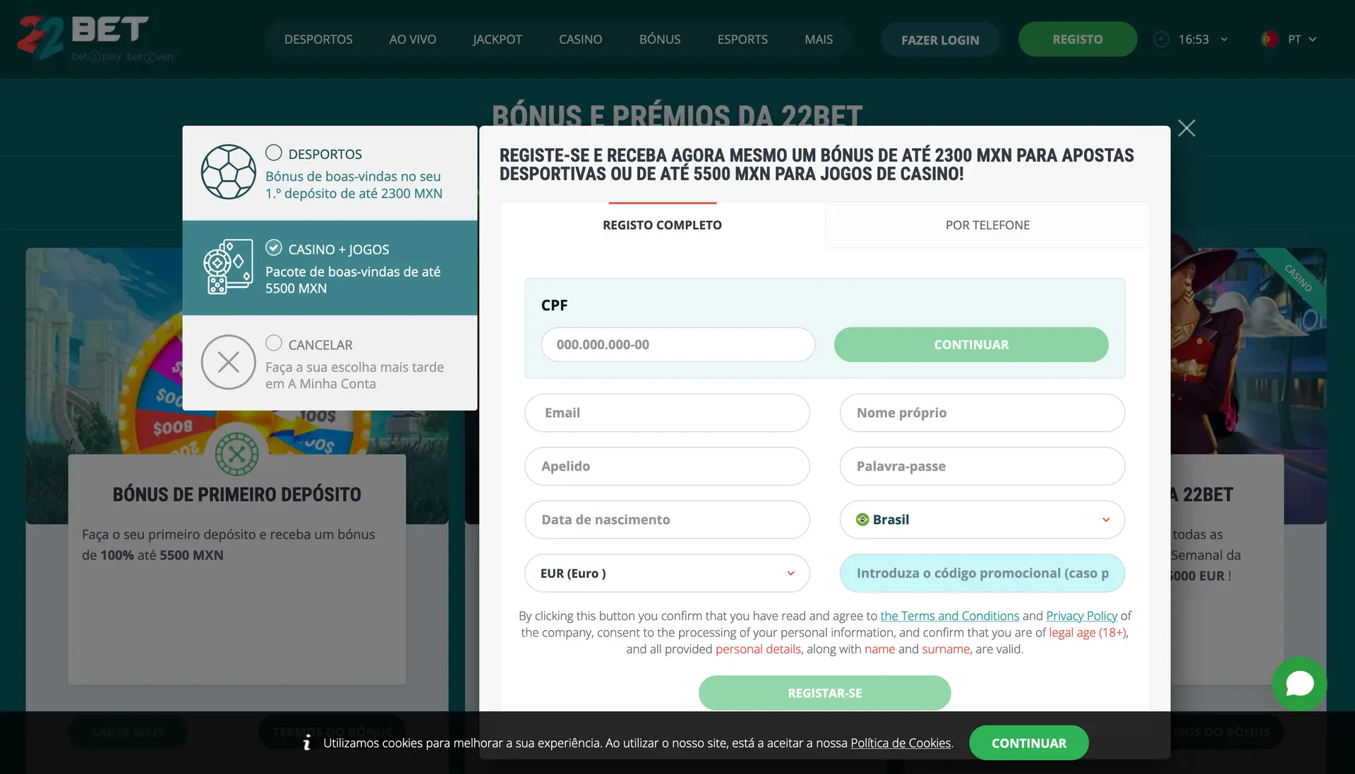 22bet Sign up PT ROW