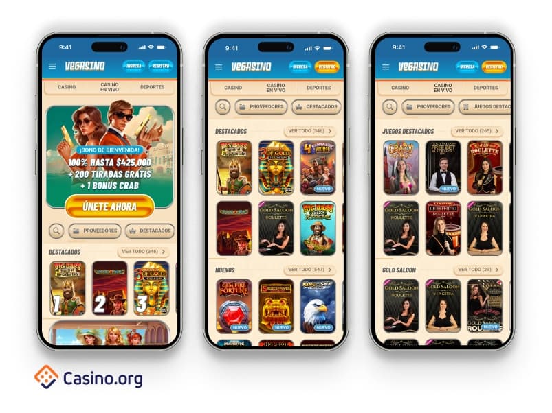 Interface de Vegasino casino