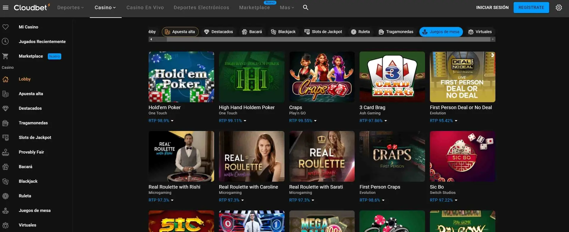 Cloudbet AR Juegos de mesa
