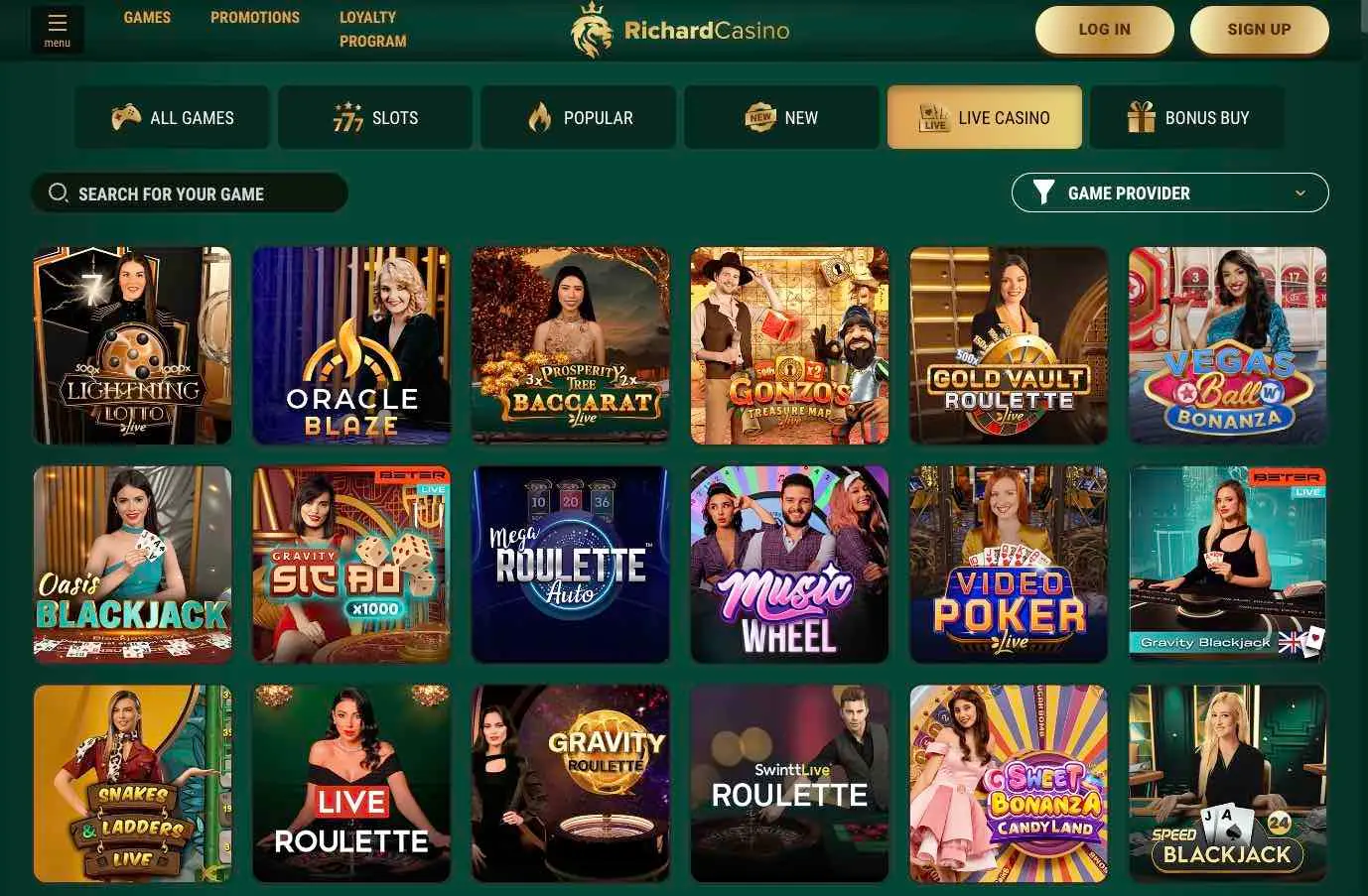Richard Casino live dealer interface showcasing game variety