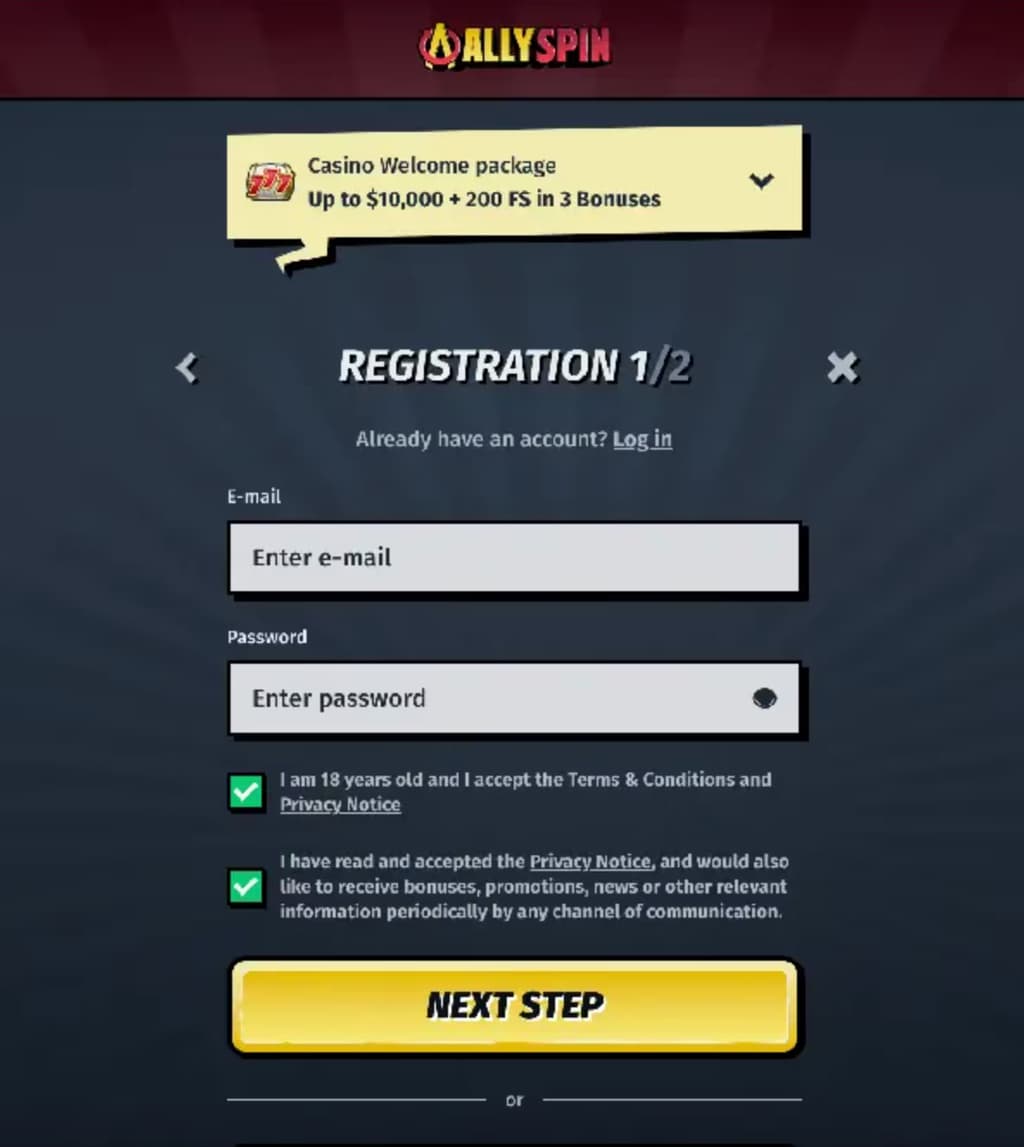 AllySpin Sign Up Step 1