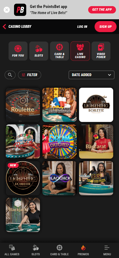 PointsBet App Live Casino Interface on Mobile