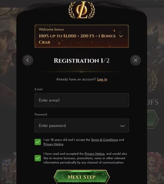 Schermata del processo di registrazione sul sito Legiano casino online che mostra i campi da compilare.