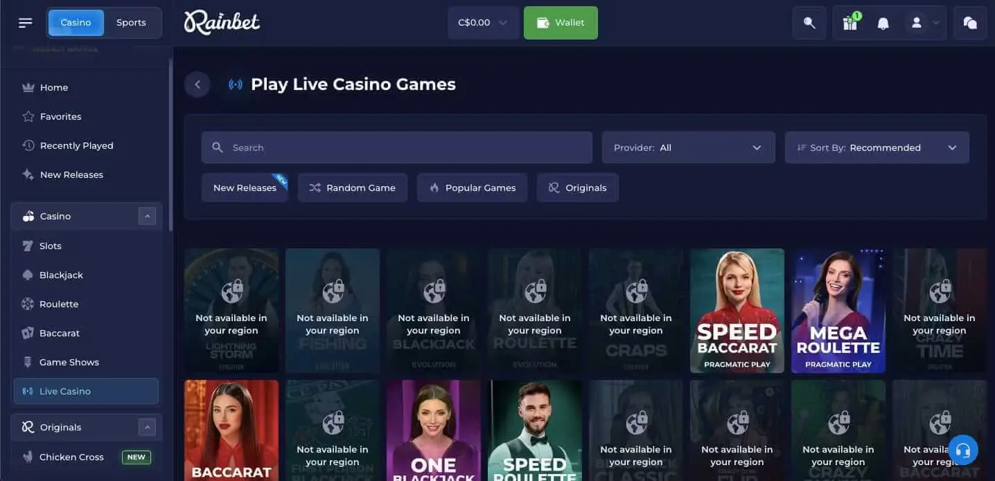 Rainbet Live Casino Screenshot (1)