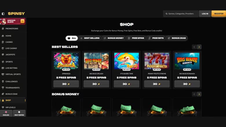 Interfaccia dello shop bonus nell'app Spinsy casino
