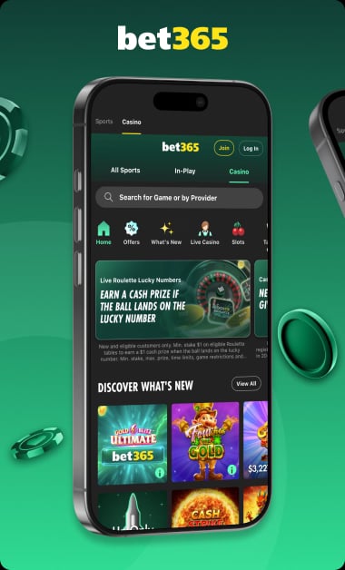 Interfaz de la app de bet365 mostrando casino y apuestas deportivas