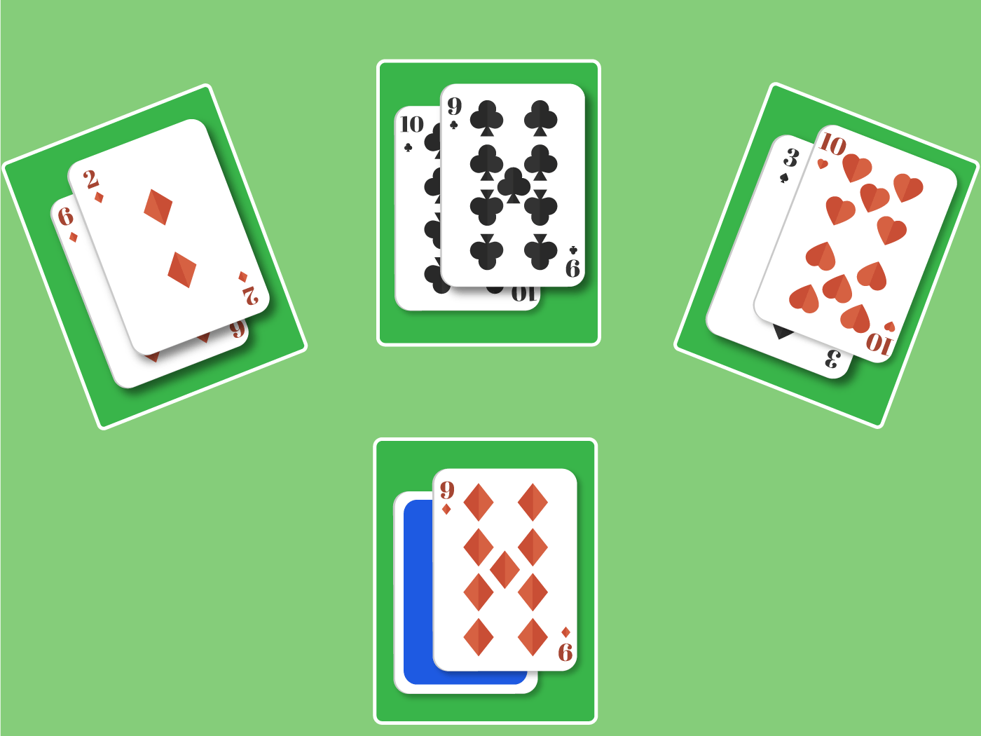 Four hands in blackjack with face up cards