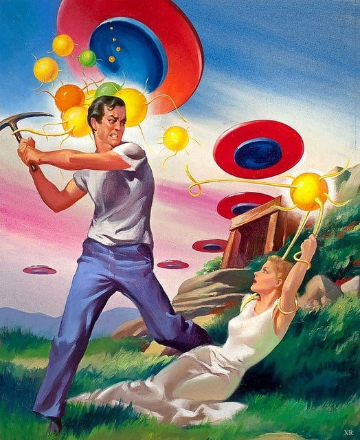 50s UFO attack man tries to save woman from being abducted