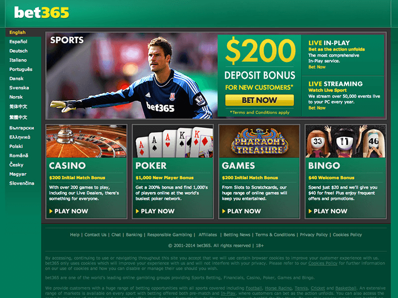 The Bet365 website homepage