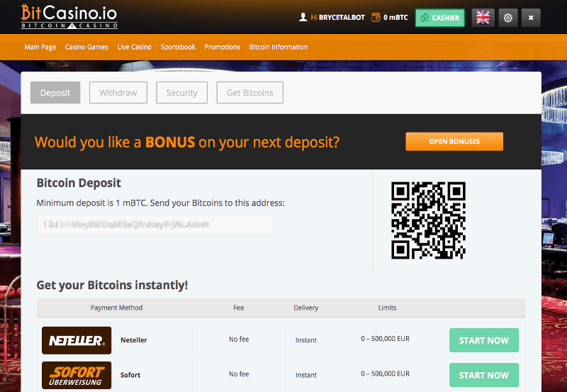 An image showing the Bitcoin deposit page at an online casino