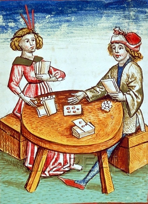 A painting of two individuals playing cards