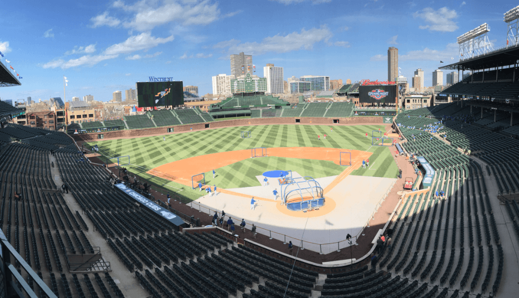An image of Wrigley Field, home of the Chicago Cubs