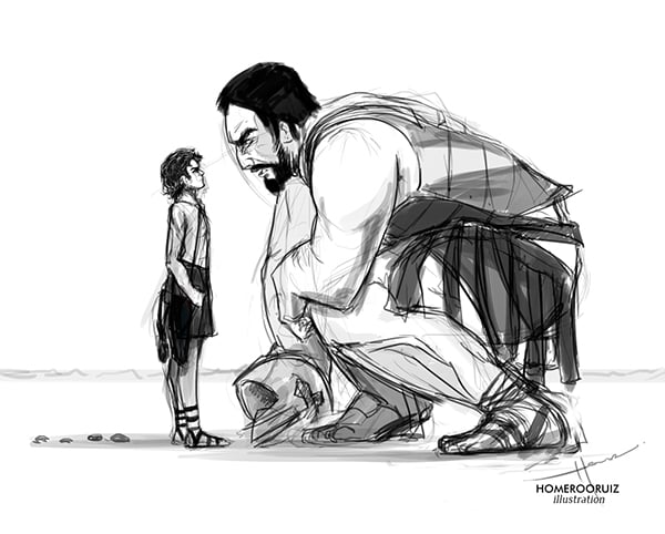 black and white sketch of David and Goliath 