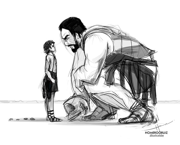 black and white sketch of David and Goliath