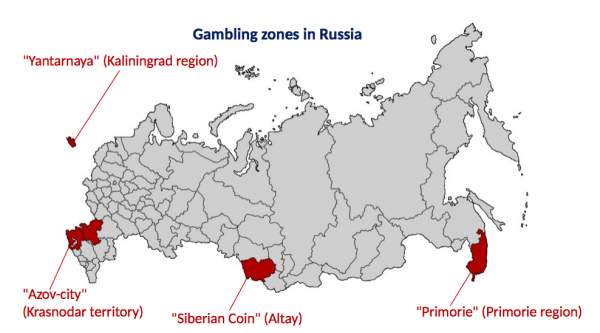 A map of Russia showing the areas where online gambling is allowed