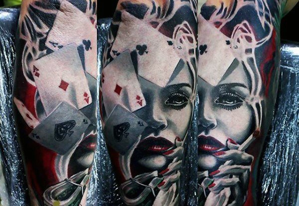 Female gambler and playing cards tattoo