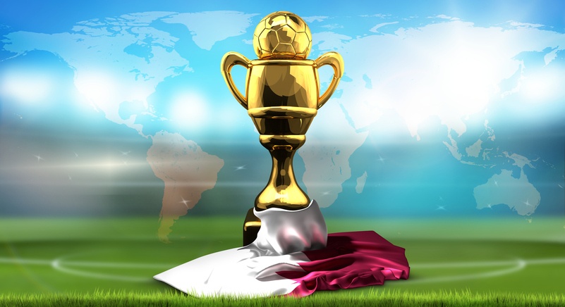 World map. Qatar flag with golden trophy soccer cup. 3d rendering football stadium