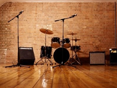 Drum Kit, Microphones and Loudspeakers in a Studio