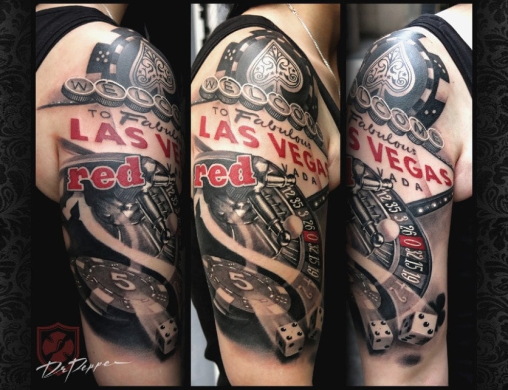 Half sleeve Las Vegas gambling tattoo