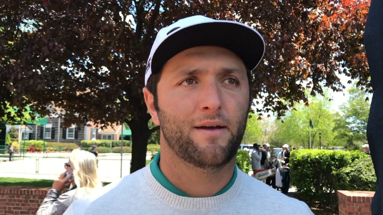 Jon Rahm looking slightly off camara while being interviewed