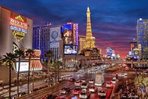 A night time shot of some popular casinos on the Las Vegas strip