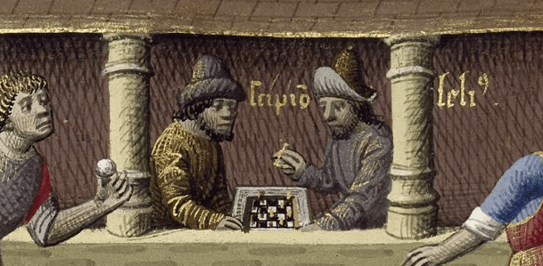 An image of people playing chess during medieval times