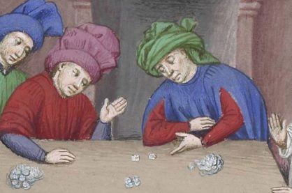 A painting of people playing dice games from medieval times