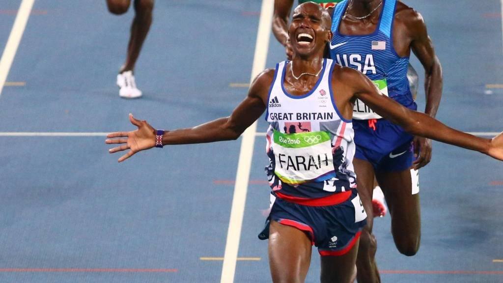 An iconic image of Mo Farah winning a gold medal in the London 2012 olympics