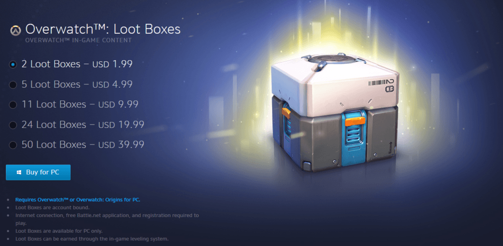 In-game purchasing of loot boxes on Overwatch