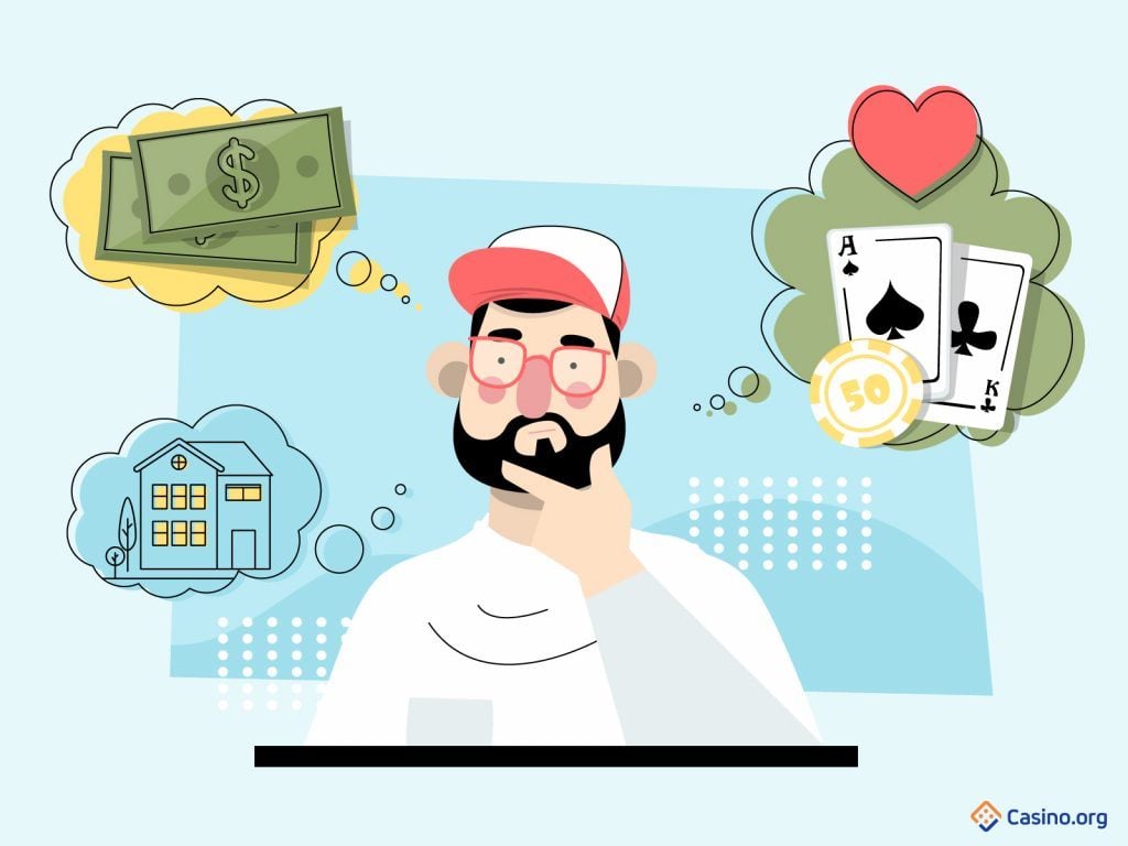 Cartoon poker player thinking about what motivates him to play.