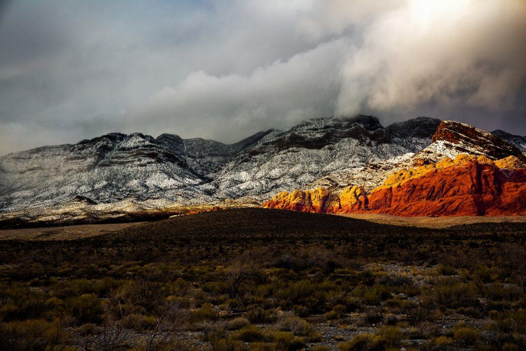 A shot of the Red Rock Canyon, where snow and sand meet
