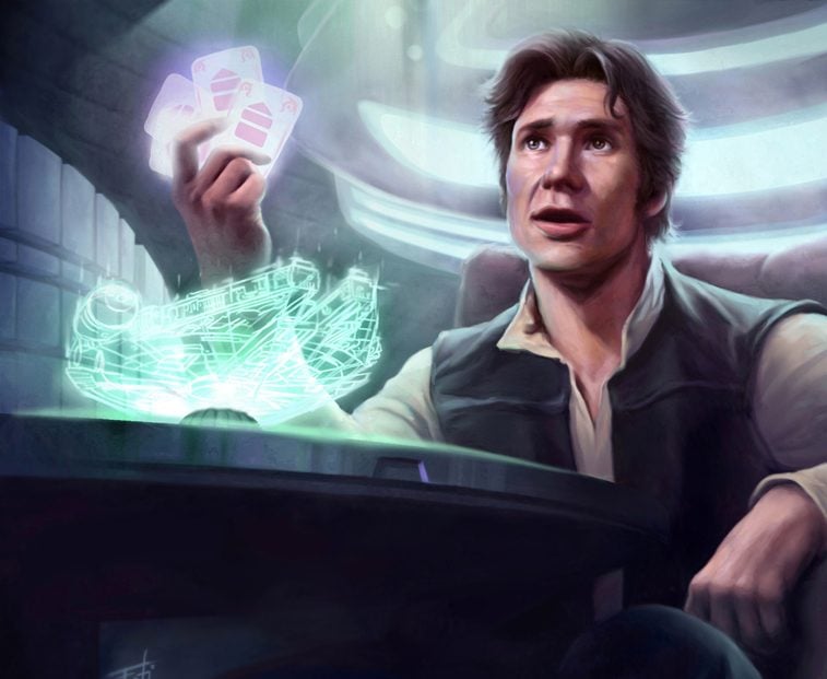 An image of Han Solo playing the game of Sabacc