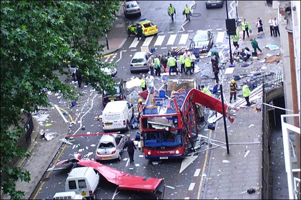 An image showing the aftermath of a bus bomb