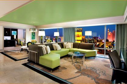 A luxury hotel suite in The Mirage overlooking the Vegas strip