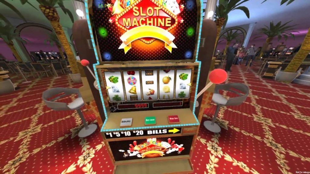 An image of a VR slot machine, in a casino room background