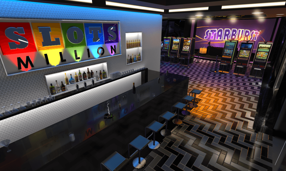 An image of a virtual realty casino room, with slots