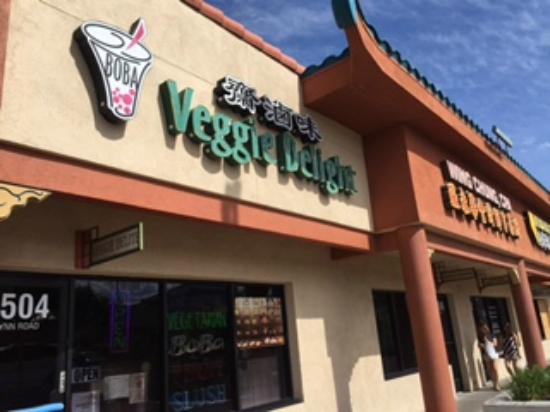 Outside the Veggie Delight vegan restaurant in Las Vegas