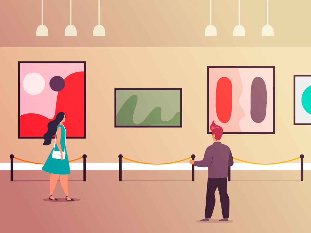 People walking around art gallery