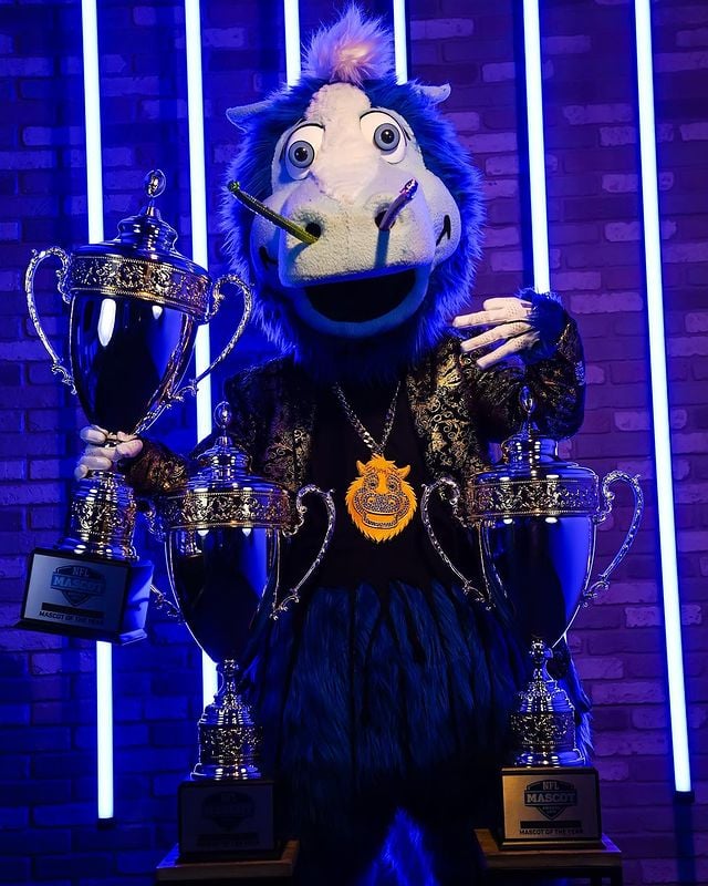 Blue Mascot with its awards 