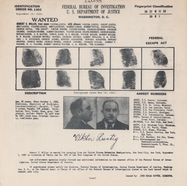 FBI fingerprint file for Victor Lustig