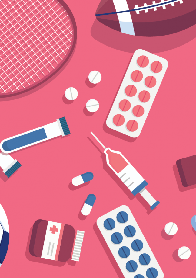 Illustration of sports equipment with needles and pills