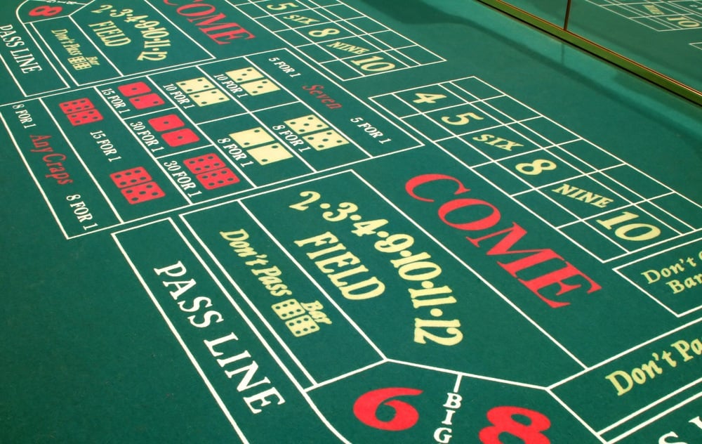 Craps table showing come bet area and pass line