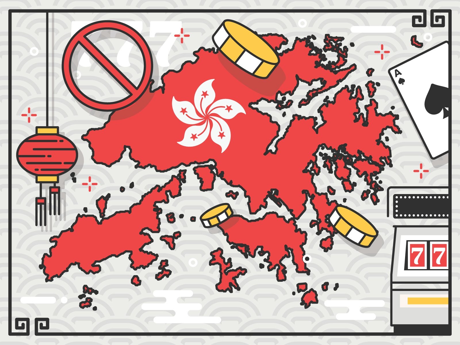Image showing map of Hong Kong with gambling illustrations surrounding it