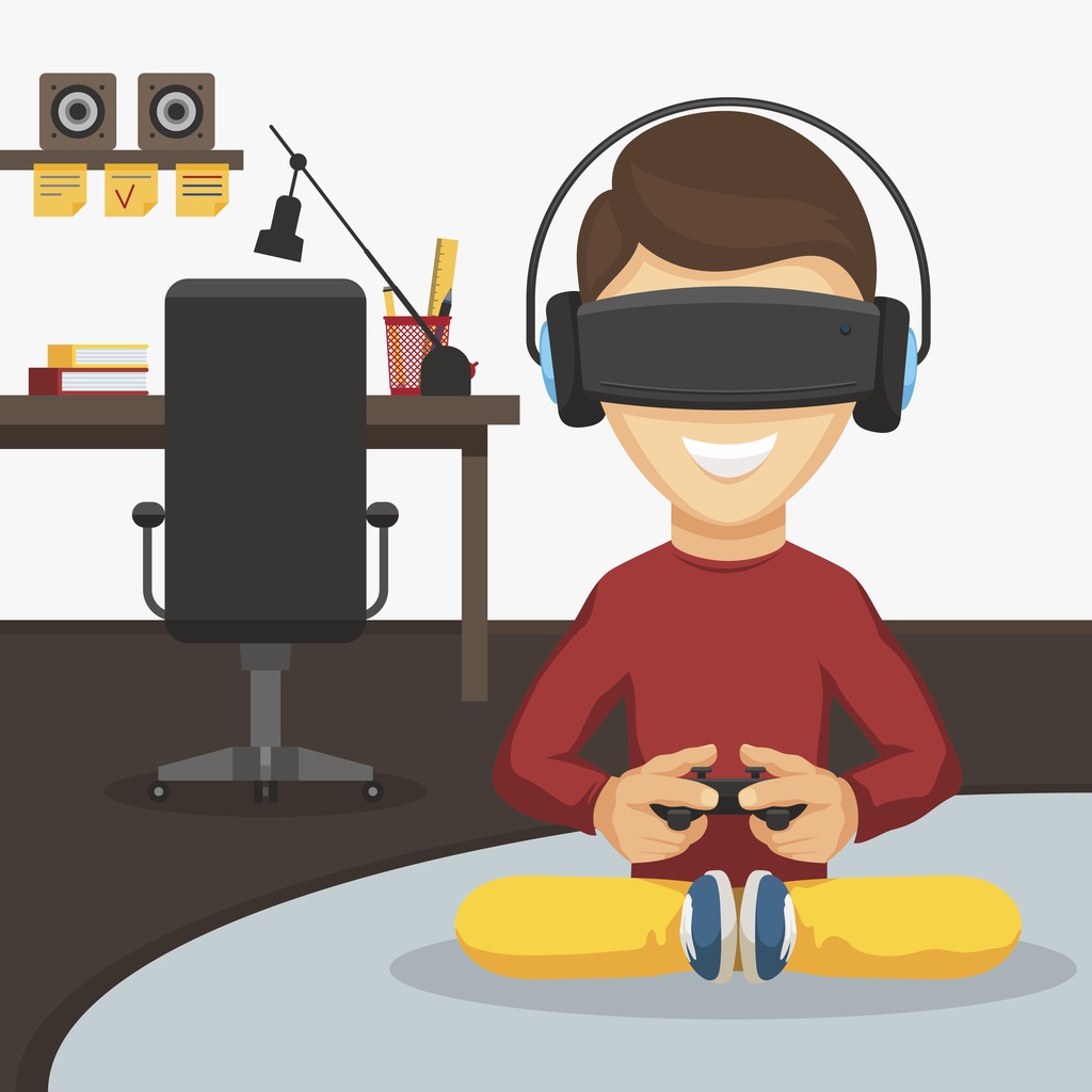 illustration of boy sitting on floor playing VR console games