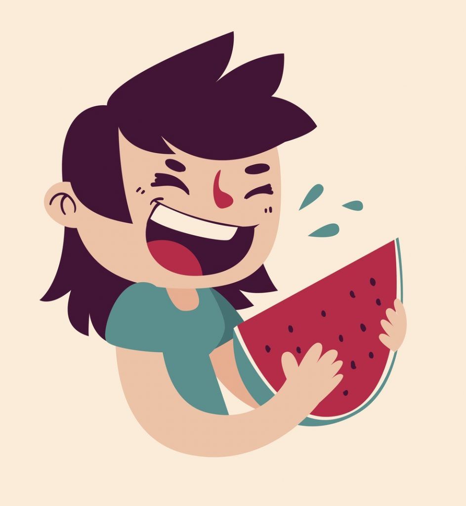 cartoon illustration of a girl child eating a piece of watermelon 