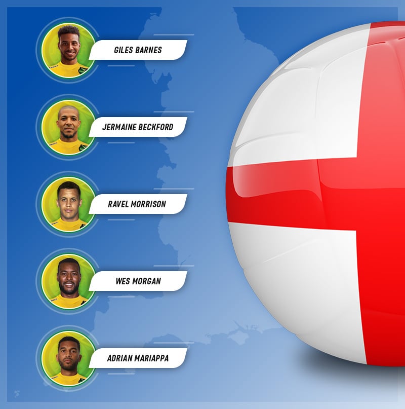 Five players who chose to play for Jamaica over England, on a map background of England